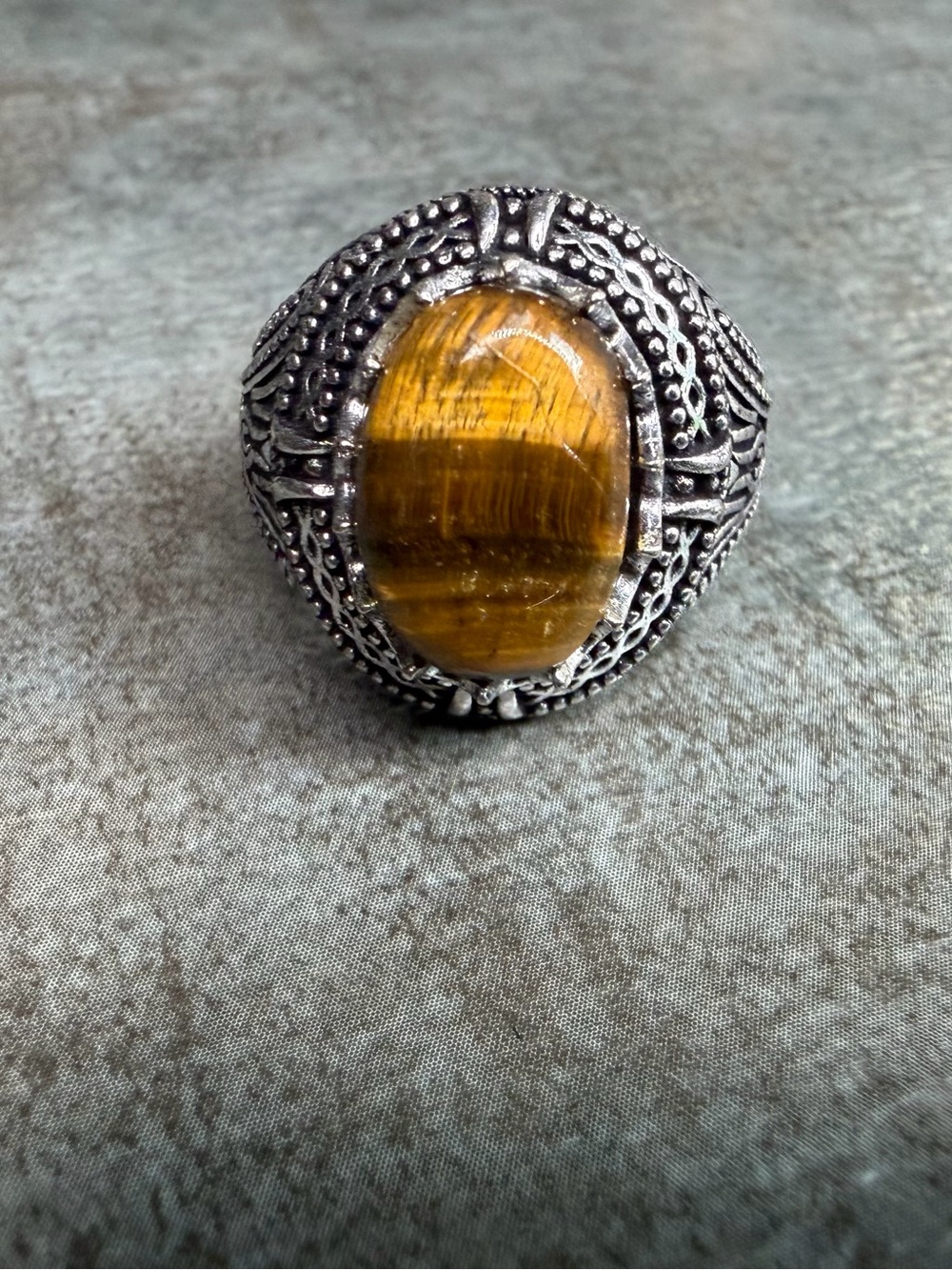 Tiger Eye Stone Ring Size 8.5 Silver Jewelry 925 Overlay Vintage Style Bohemian